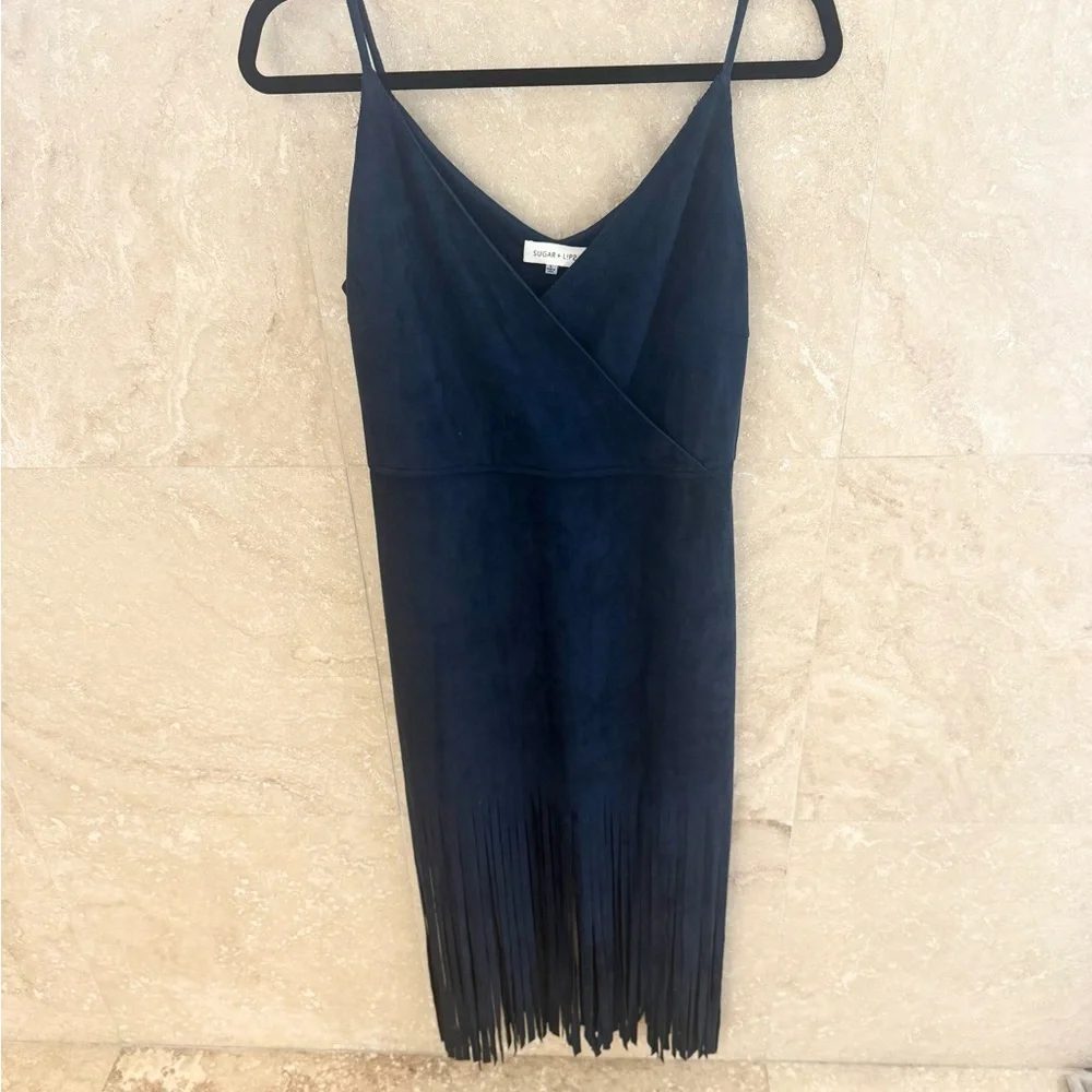 Sugar+Lips Suede Navy Blue Fringe Dress Large NWOT - Picture 2 of 7